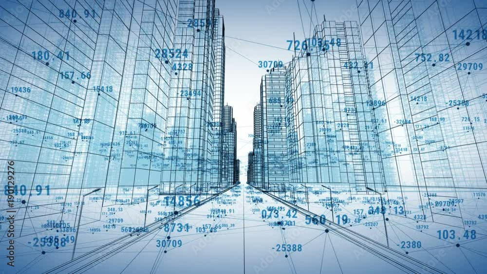 Abstract Digital City with Numbers and Grids. Flying Through the 3d ...