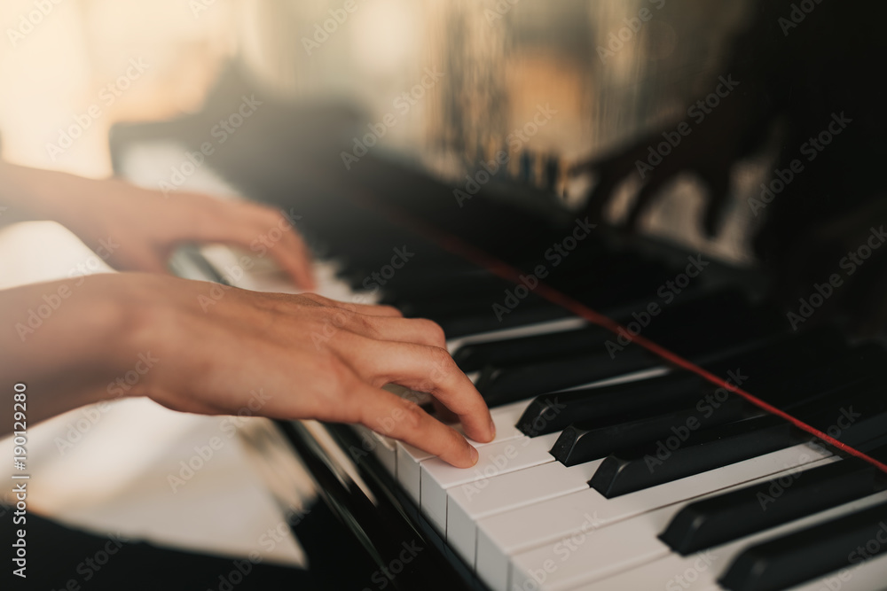 Obraz premium Piano music pianist hands playing. Musical instrument grand piano details with performer hand on white background