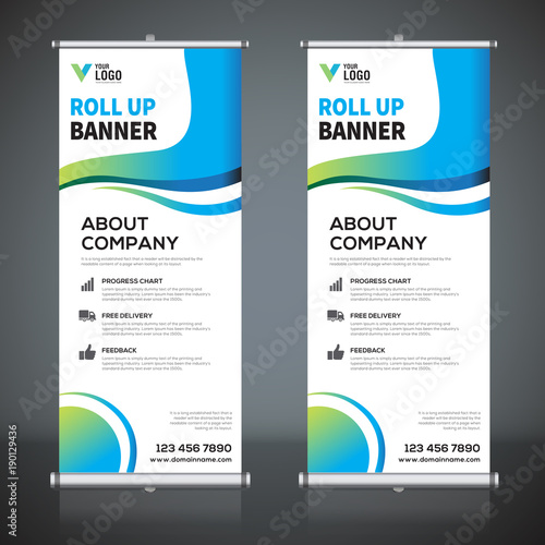 Roll up banner design template, vertical, abstract background, pull up design, modern x-banner, rectangle size. 
