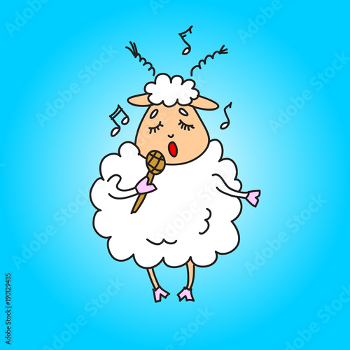Sheep with a microphone sings a song. Vector drawing. Illustration