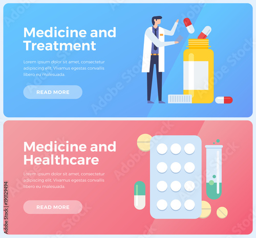 Banners on topic of medicine, treatment and healthcare. Image of doctor and various  medicines. Flat vector illustration.