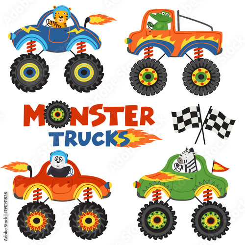 set of isolated monster trucks with animals part 1 - vector illustration, eps