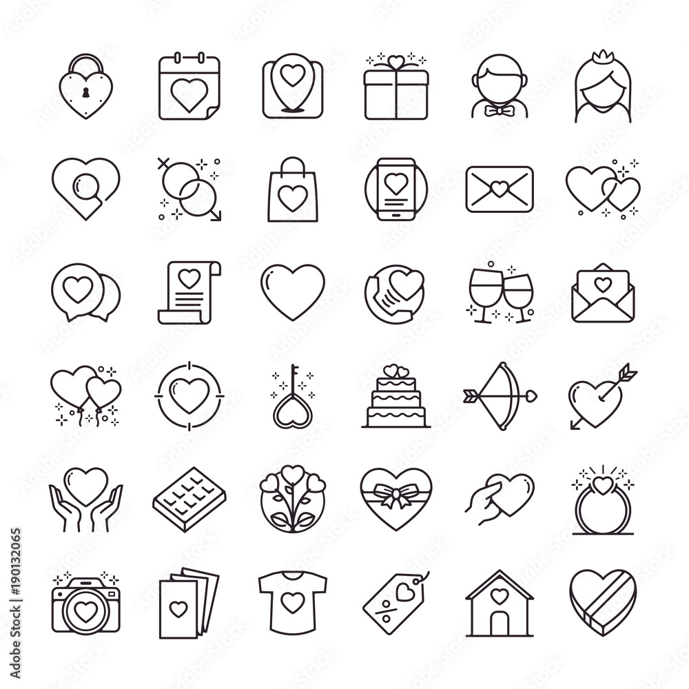 Valentines day icons set. Set of romantic Valentines day symbol. Design elements for Valentine's day. Heart shapes. Set of icon vectors or love symbols in line style for weddings and romantic dating Valentines day icons set. Set of romantic Valentines day symbol. Design elements for Valentine's day. Heart shapes. Set of icon vectors or love symbols in line style for weddings and romantic dating