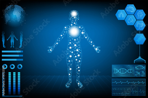 abstract futuristic technology science concept human data health digital interface ,pulse heart and brain checking icon DNA,Heart,Brain and world.vector and illustration