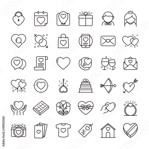 Valentines day icons set. Set of romantic Valentines day symbol. Design elements for Valentine's day. Heart shapes. Set of icon vectors or love symbols in line style for weddings and romantic dating