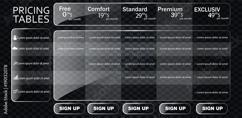 Banners with tariffs plan from glass. Comparison of pricing table set for business, bullet list with commercial plan. 