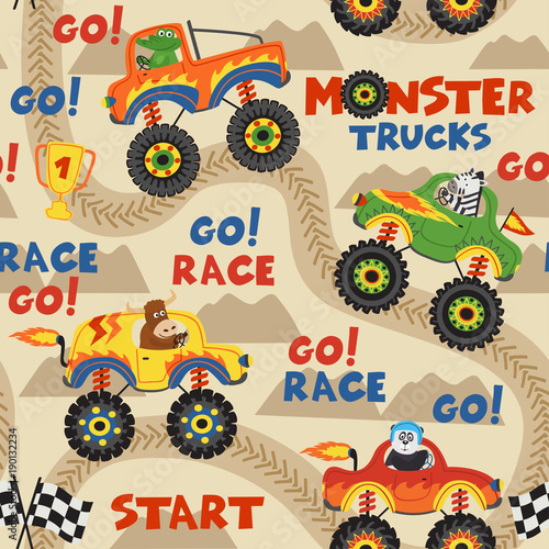 seamless pattern monster trucks with animals on race track  - vector illustration, eps