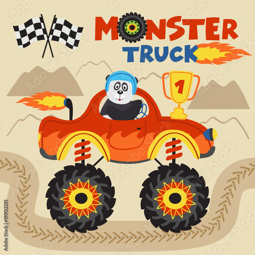 panda champion is riding monster truck - vector illustration, eps 