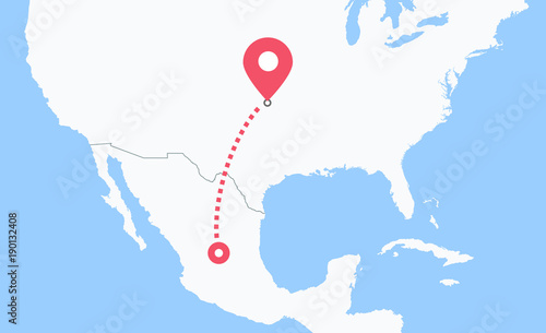 Trip from Mexico to USA - tourism between countries / immigration of mexican migrant into United states of America. Vector illustration