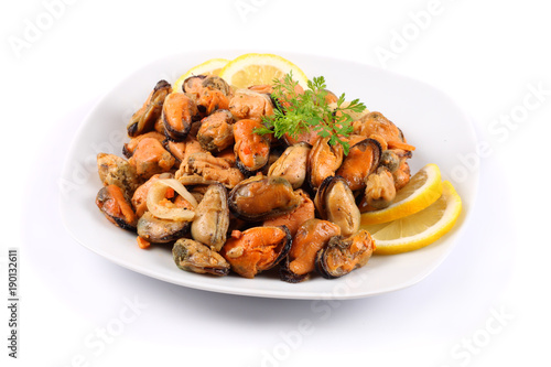marinated mussels isolated on a white background