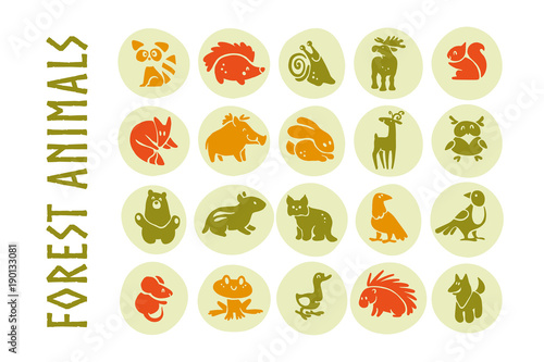 Vector collection of flat cute animal icons isolated on white background. Forest animals and birds symbols. Hand drawn emblems. Perfect for logo design, infographic, prints etc.