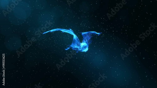 Glowing Bat, abstract animal flying through particles, fantasy 3D animation