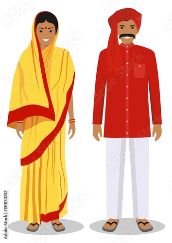 Set of standing together indian man and woman in the traditional clothing isolated on white background in flat style. Differences people in the east dress. Vector illustration.
