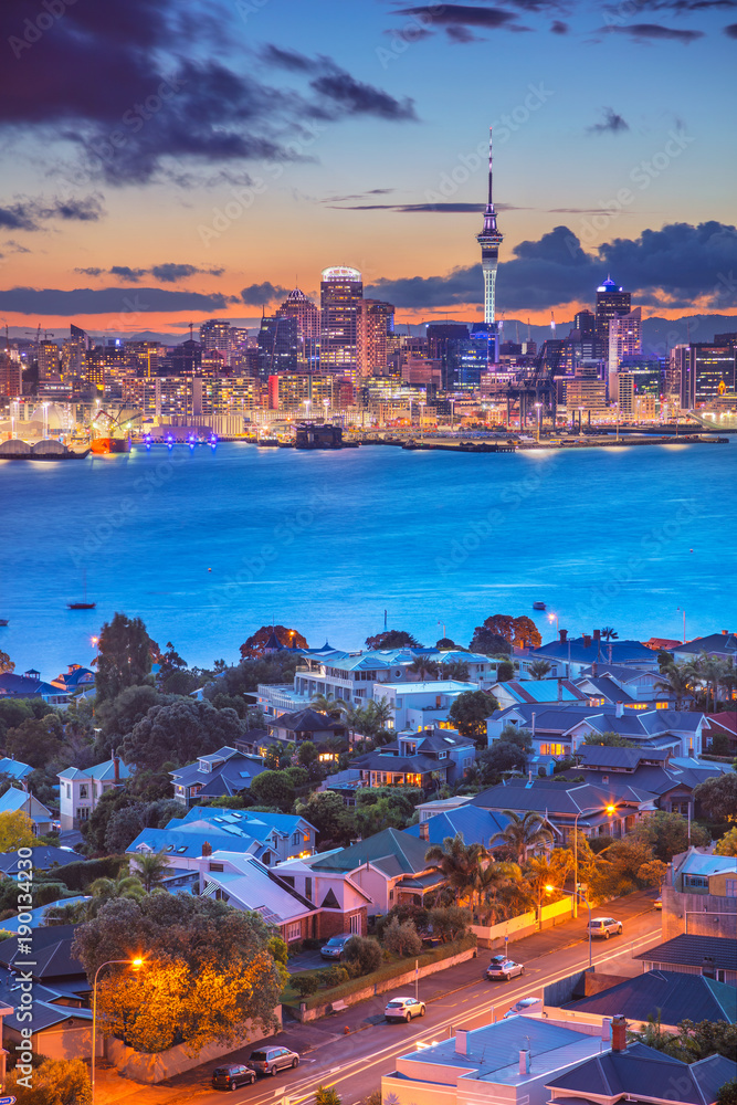 Auckland. Cityscape image of Auckland skyline, New Zealand during sunset with the Davenport in the foreground.