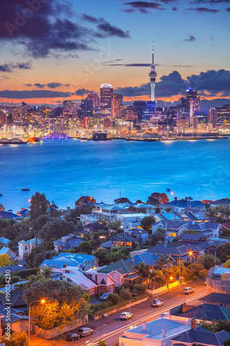 Auckland. Cityscape image of Auckland skyline, New Zealand during sunset with the Davenport in the foreground. photo
