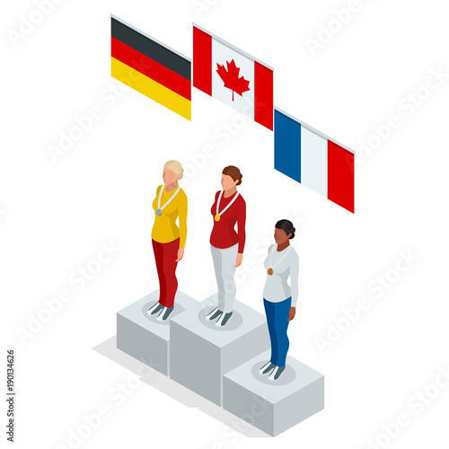 Olympic Podium stand isometric sports woman winner athlete Athletic Podium. Three men on place pedestal, first place rising hand with gold cup. International sports competitions.