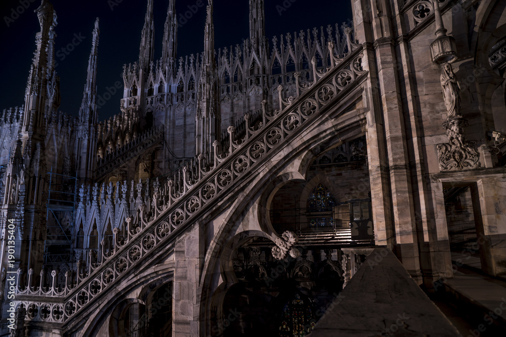 Detail of the Milan Cathedral (Duomo di Milano, Italy), night view of the spiers that adorn the whole monument.