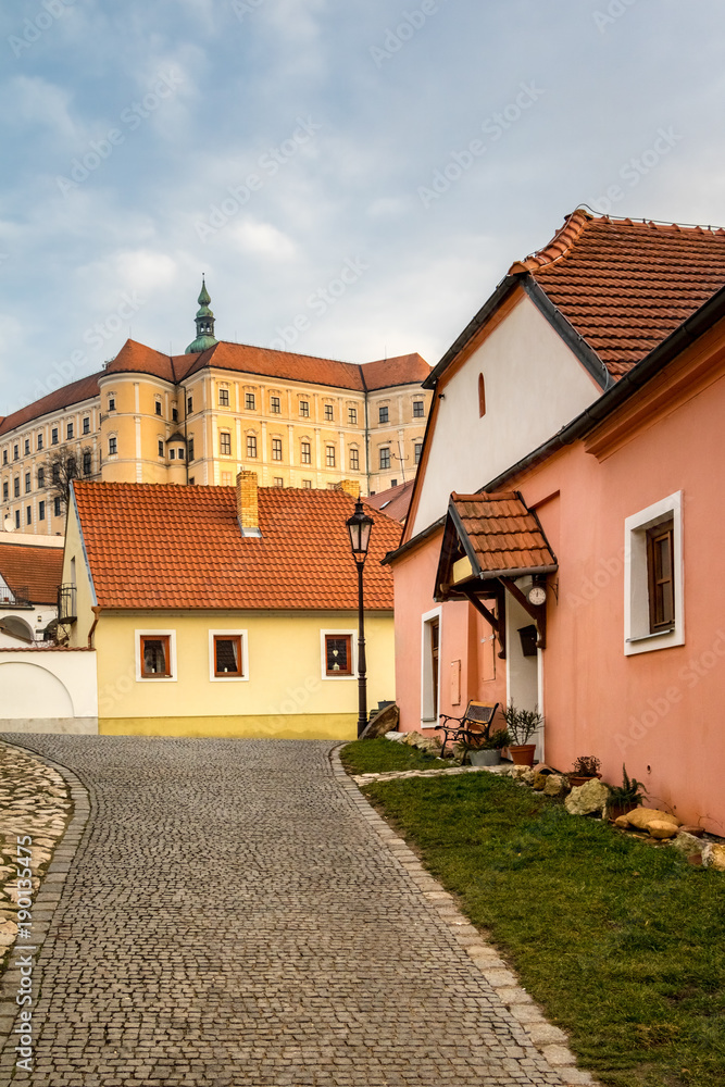 Street with rock pavement in historic Czech town Mikulov