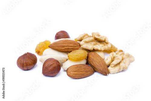 Mixed fresh nuts isolated on white background
