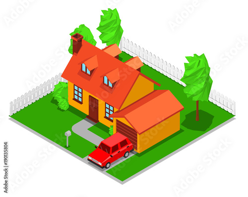 3d isometry house two-storey red roof cartoon style garage car green trees bushes games white background isolate