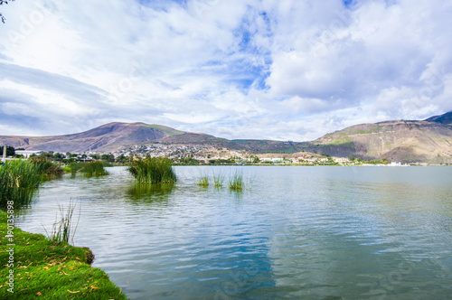 Beautiful view of some typical plants in the beautiful lake in Yahuarcocha   with a gorgeous cloudy day with the mountain behind in Ecuador