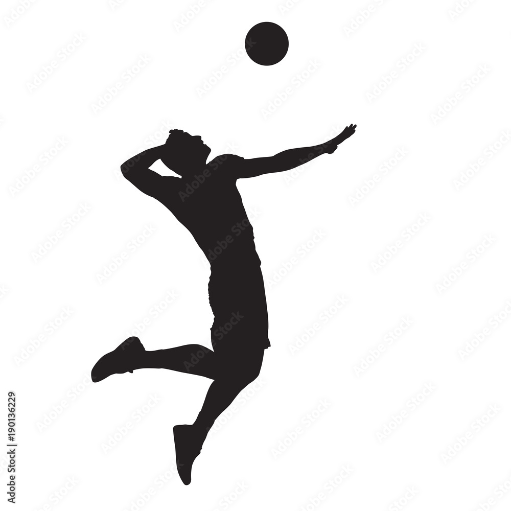 Volleyball player spiking ball, isolated vector silhouette. Side view ...