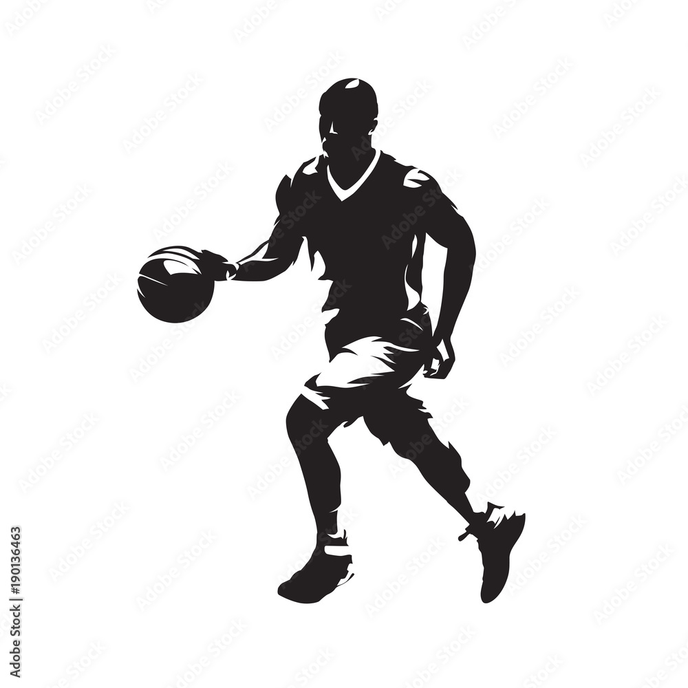 Fototapeta premium Basketball player dribbles with the ball and running, isolated vector silhouette