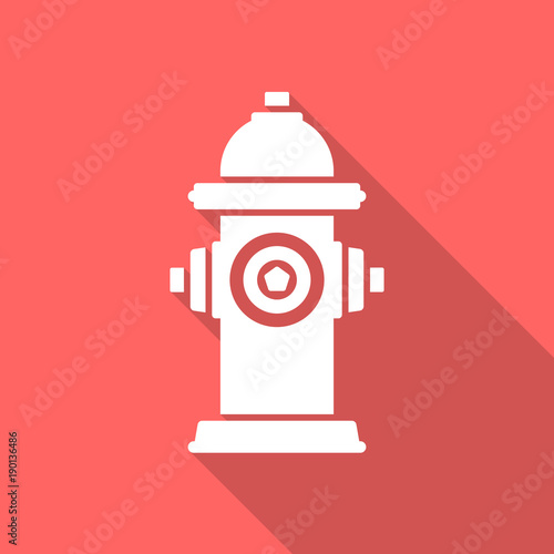 Fire hydrant icon with long shadow. Flat design style. Fire hydrant simple silhouette. Modern, minimalist icon in stylish colors. Web site page and mobile app design vector element.