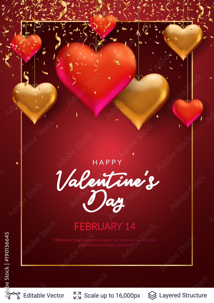 3D hearts and luxurious golden frame on red. 3D hearts and luxurious golden frame on red.