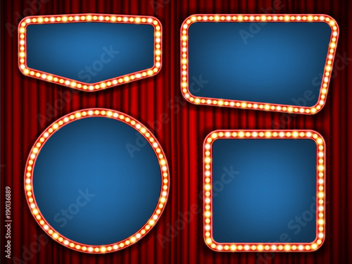 Creative vector illustration of retro light bulb frame set isolated on transparent background. Art design shiny banner decoration curtains. Abstract concept graphic theatre billboard element