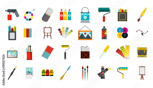 Painter tools icon set, flat style