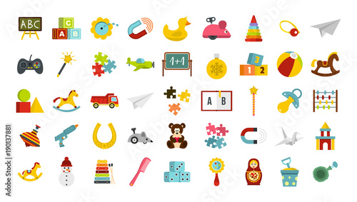 Kid toys icon set, flat style