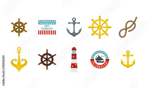 Sea element icon set, flat style
