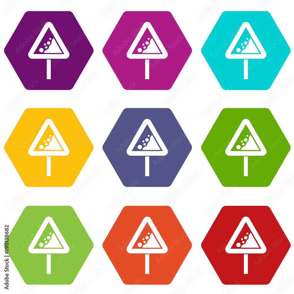 Falling rocks warning traffic sign icon set color hexahedron Falling rocks warning traffic sign icon set color hexahedron
