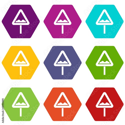 Uneven triangular road sign icon set color hexahedron