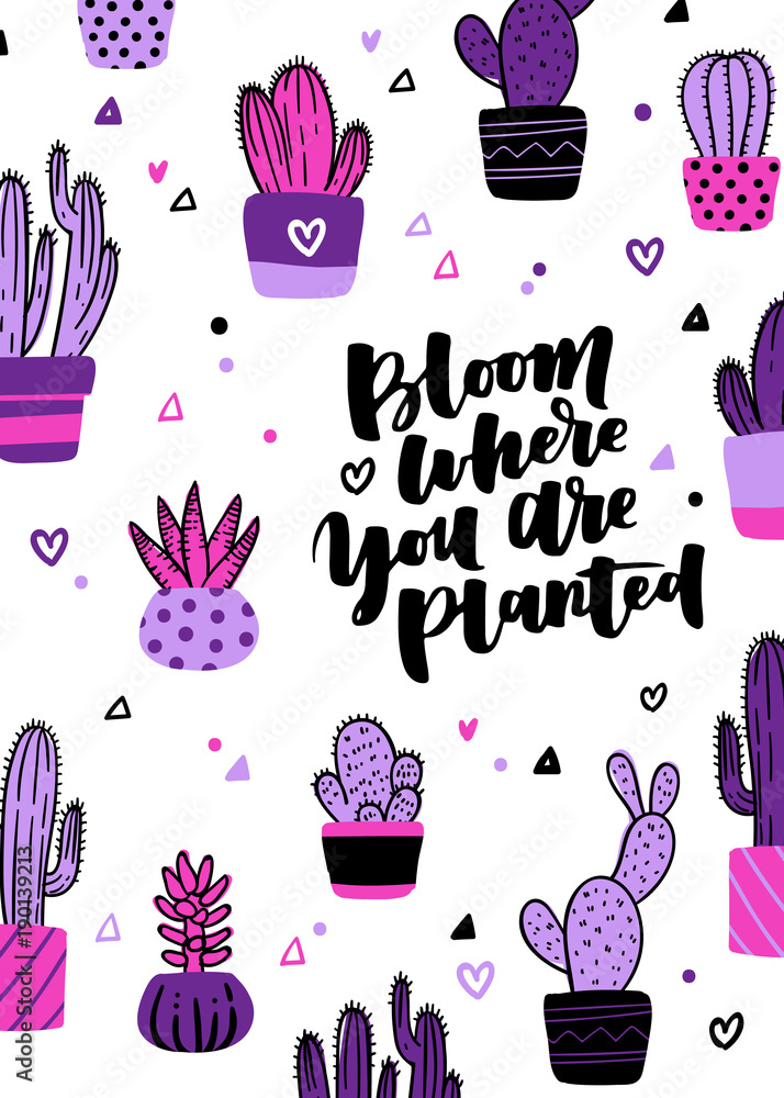 Notebook cover design with cactus pattern and hand lettering Bloom where  you are planted. Cute cartoon style illustration on white isolated  background. Stock Vector | Adobe Stock