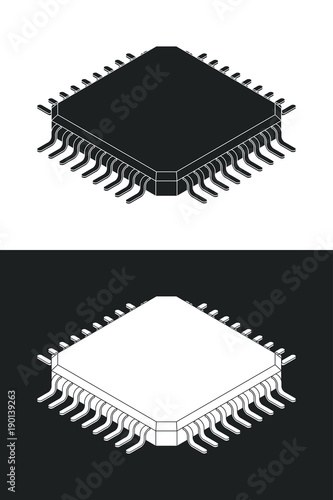 Microchip processor logotype template. Monochrome isometric vector illustration
