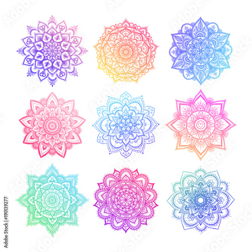 Set of round gradient mandala on white isolated background. Vector hipster mandala in green, red, blue, violet and pink colors. Mandala with floral patterns. Yoga template.