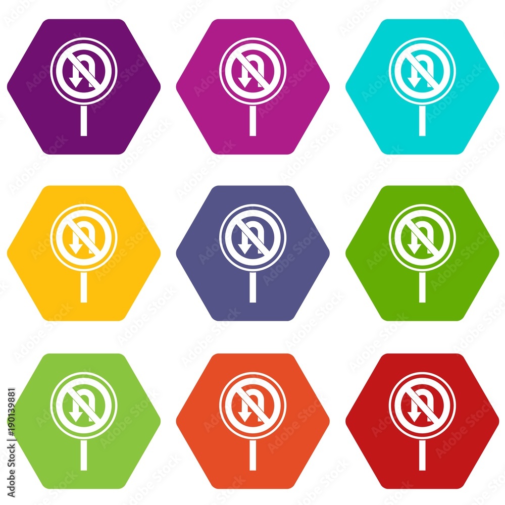 No U turn road sign icon set color hexahedron No U turn road sign icon set color hexahedron