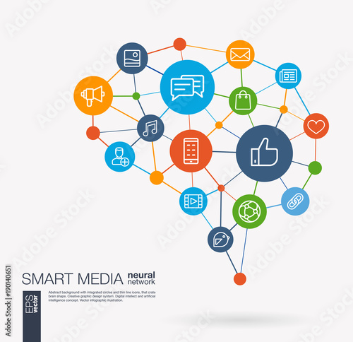 AI creative think system concept. Digital mesh smart brain idea. Futuristic interact neural network grid connect. Social Media market service, communicate, share integrated business vector line icons.