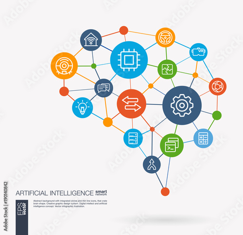 AI creative think system concept. Digital mesh smart brain idea. Futuristic interact neural network grid connect. Artificial intelligence, robot machine learning integrated business vector line icons.