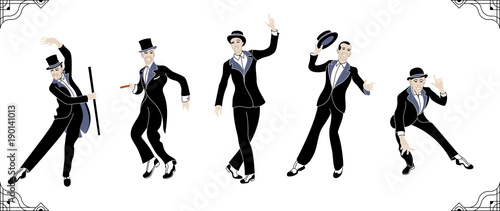 Charleston Party. Gatsby style set. Group of retro man isolated dancing charleston. Vintage style.retro silhouette dancer.1920 party vector background.Swing dance man
