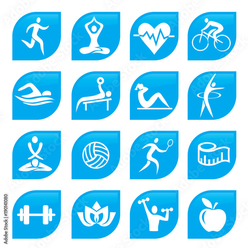 Blue sport Fitness icons buttons. Set of blue modern icons n the form of a leaf with fitness and yoga activities. Vector available. 
