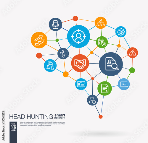 AI creative think system concept. Digital mesh smart brain idea. Futuristic interact neural network grid connect. Job search, head hunting, we are hiring, team work integrated business vector icons.