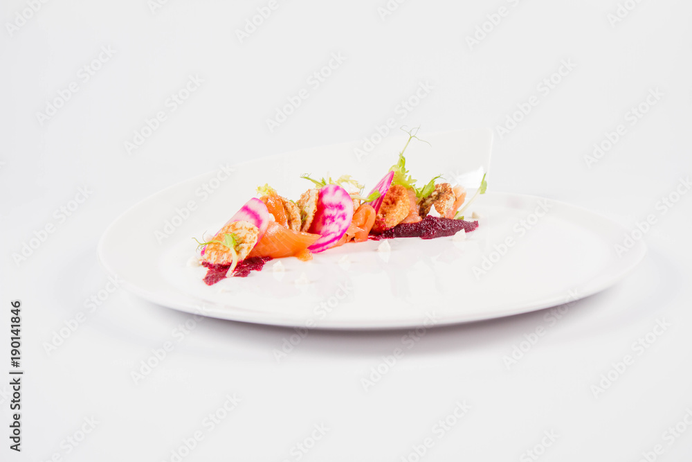 Smoked salmon with roasted beetroots sauce, russian pancakes and horseradish cream Smoked salmon with roasted beetroots sauce, russian pancakes and horseradish cream