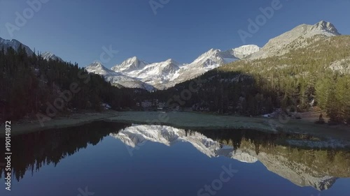 Aerial Snow Mountain Valley with Mirror Lake reflection - Inyo National Forest, Little Lakes Valley Trail (Gem Lakes), Bishop, California