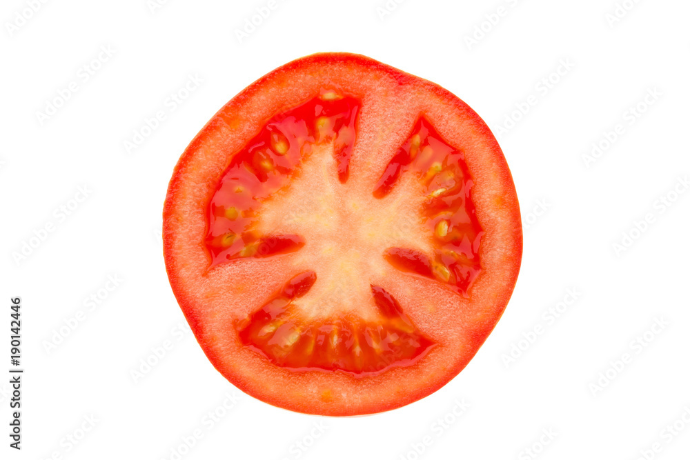 Slice of tomato isolated on white background. Fresh tomato sliced close-up on a white background. Slice of tomato isolated on white background. Fresh tomato sliced close-up on a white background.