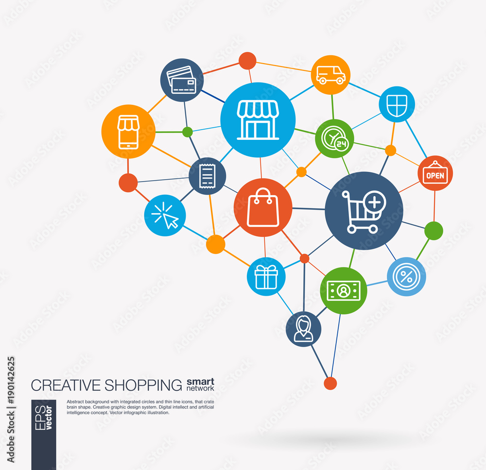 AI creative think system concept. Digital mesh smart brain idea. Futuristic interact neural network grid connect. Shopping, ecommerce, market, retail and online sales integrated business vector icons. AI creative think system concept. Digital mesh smart brain idea. Futuristic interact neural network grid connect. Shopping, ecommerce, market, retail and online sales integrated business vector icons.