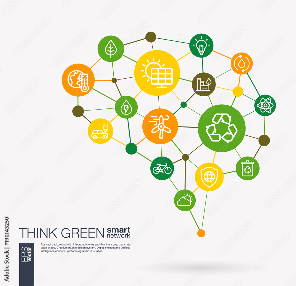 AI creative think green system concept. Digital mesh smart brain idea. Futuristic interact neural network grid connect. Environmental, ecology, recycle and eco energy integrated business vector icons. AI creative think green system concept. Digital mesh smart brain idea. Futuristic interact neural network grid connect. Environmental, ecology, recycle and eco energy integrated business vector icons.