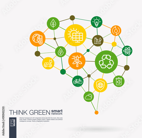 AI creative think green system concept. Digital mesh smart brain idea. Futuristic interact neural network grid connect. Environmental, ecology, recycle and eco energy integrated business vector icons.